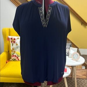 JNY Navy Blue Women's Top with Embellished Neckline